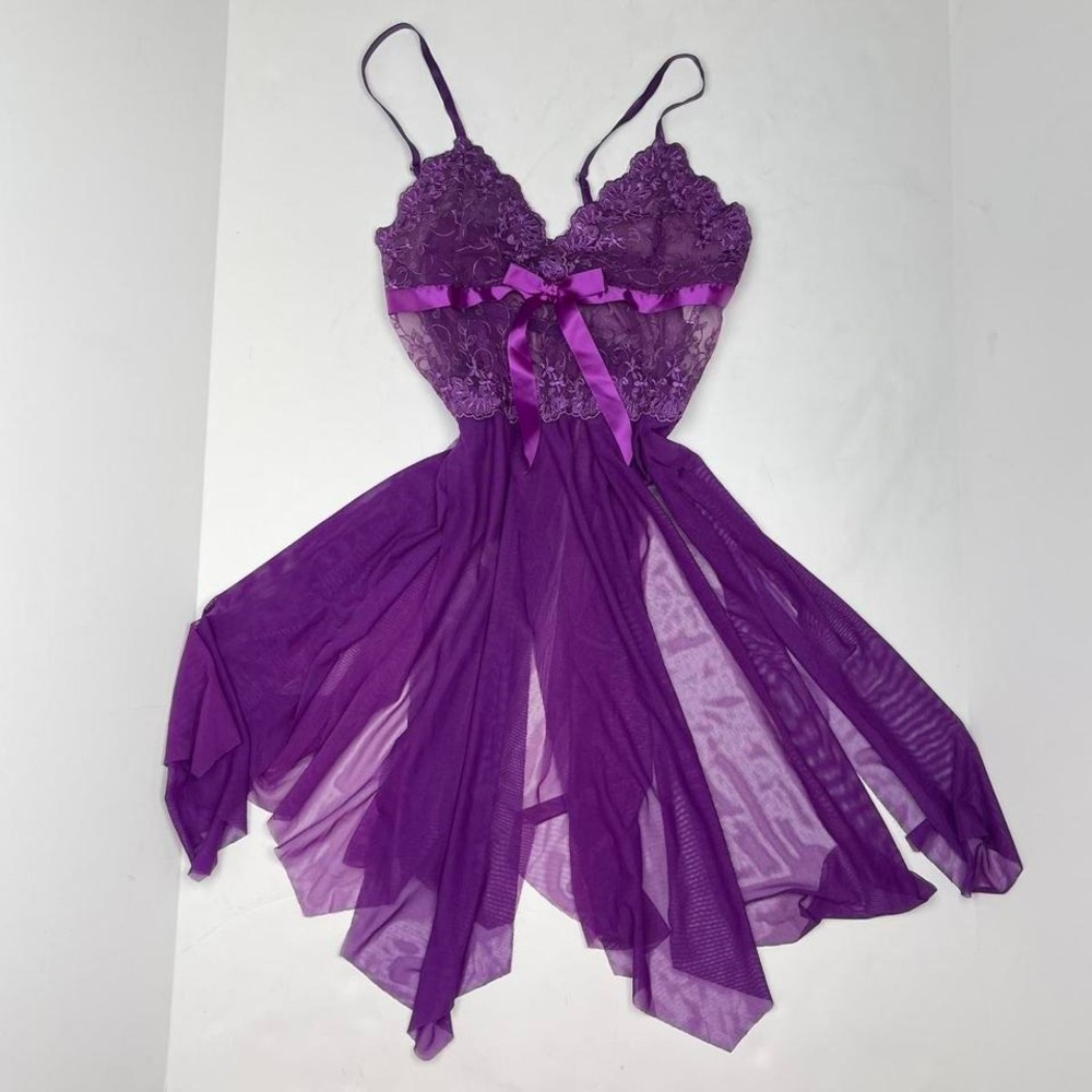 Y2K‎ Fairycore Babydoll Lingerie Dress in Purple Sheer Mesh Women's Small Lace
